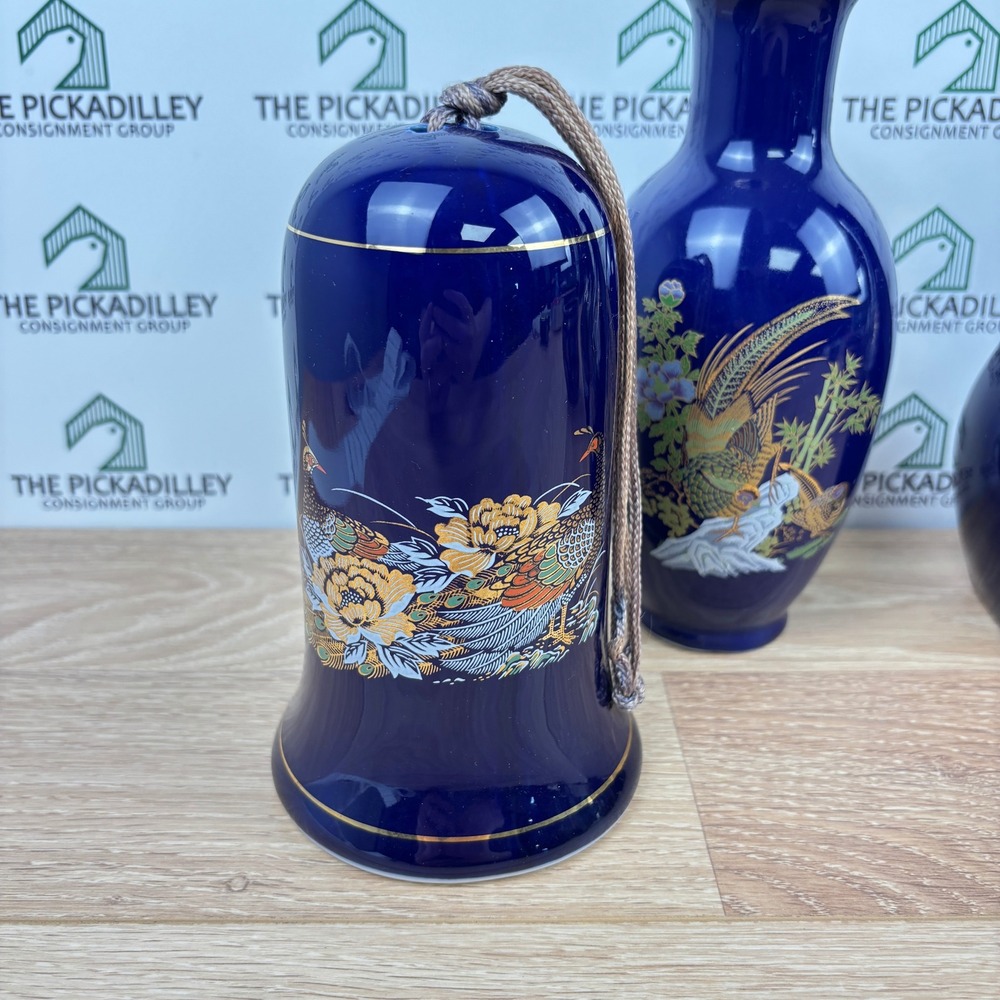 5pc Chinese Cobalt Blue Porcelain Set Vases Bell Bowl Gilt Bird Crane Pheasant - Picture 2 of 13
